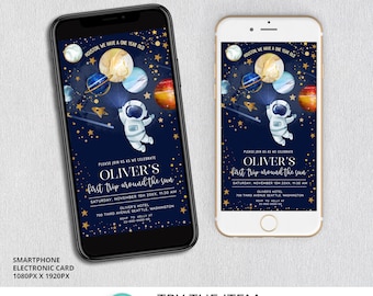 Editable Space Birthday Smartphone Invite, First Trip Around The Sun Birthday Electronic Invite, Galaxy Birthday Mobile Message Invite SP20