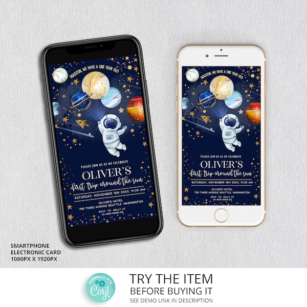 Editable Space Birthday Smartphone Invite, First Trip Around The Sun Birthday Electronic Invite, Galaxy Birthday Mobile Message Invite SP20