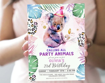 Calling all Party Animals Koala Birthday Invitation Jungle Birthday Zoo Safari Animals Girl Birthday Pink Invite Template Corjl PA2