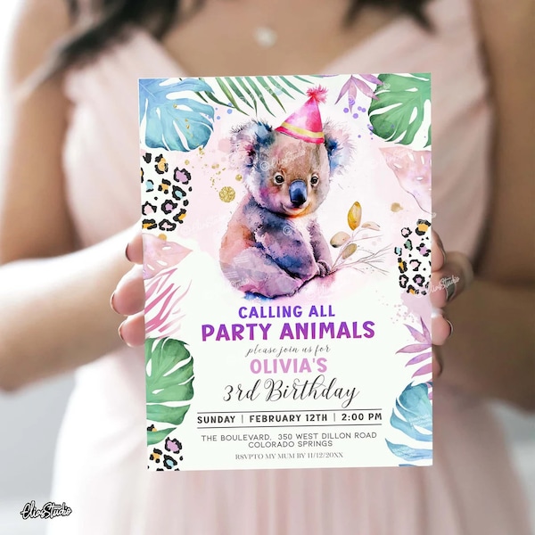 Calling all Party Animals Koala Birthday Invitation Jungle Birthday Zoo Safari Animals Girl Birthday Pink Invite Template Corjl PA2