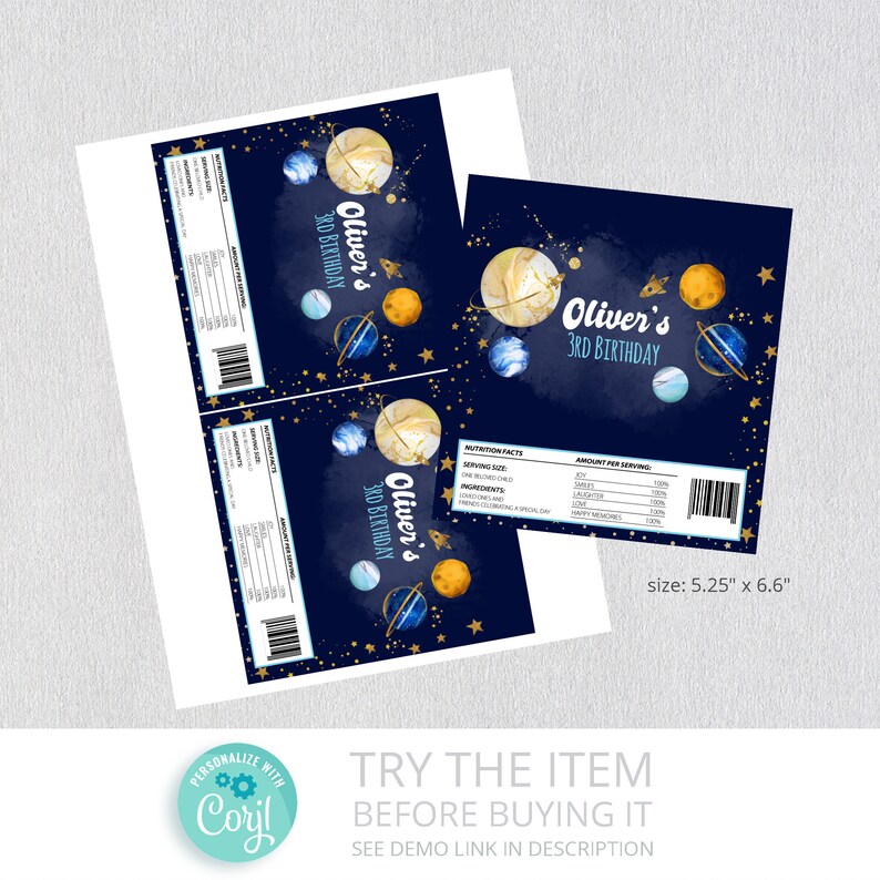 May include: A printable design for a chocolate bar wrapper featuring a blue and gold space theme with planets, stars, and the text "Oliver's 3rd Birthday". The wrapper is 5.25 inches by 6.6 inches.