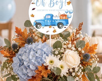 Pumpkin Baby Shower Centerpiece and Cake Topper, Oh Boy Blue Truck Fall Baby Shower Decor, Editable Corjl Templates  P311