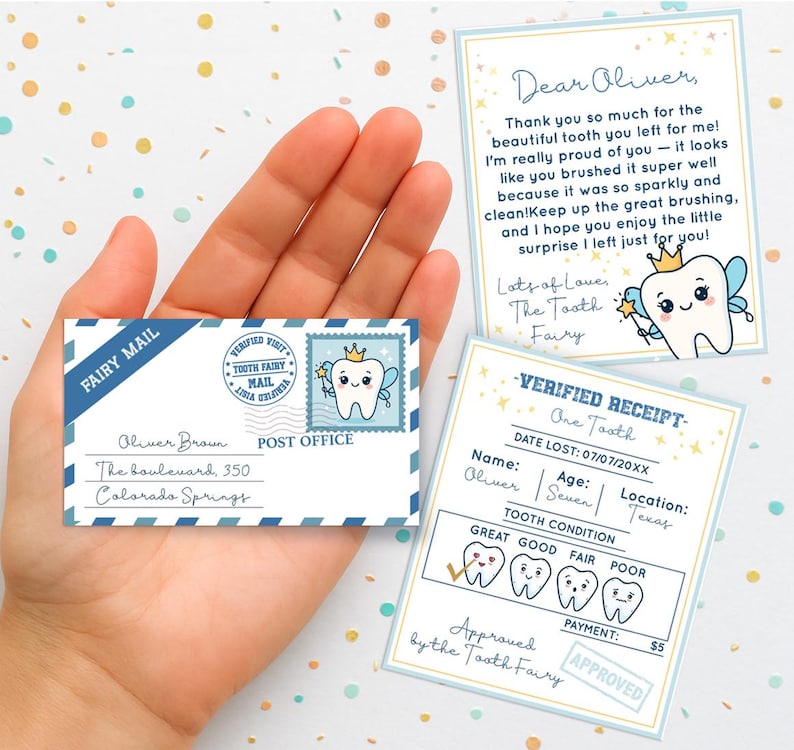 May include: A hand holding a set of Tooth Fairy themed cards. The cards include a letter, a receipt, and a postcard with a tooth fairy illustration. The postcard reads "Fairy Mail" and includes an address. The receipt indicates the tooth condition.