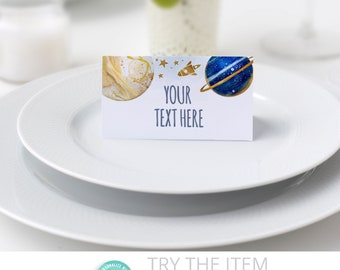 編集可能な食品ラベル 宇宙の誕生日、太陽の周りを初めて旅するプレースカード、ギャラクシー折り畳みカード 宇宙の誕生日パーティーデコレーション SP135