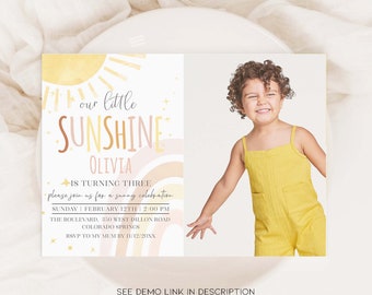 Boho Sun and Rainbow Birthday Invitation Our Little Sunshine Birthday Invite Rainbow 1st Birthday Template Corjl Instant Download RS2