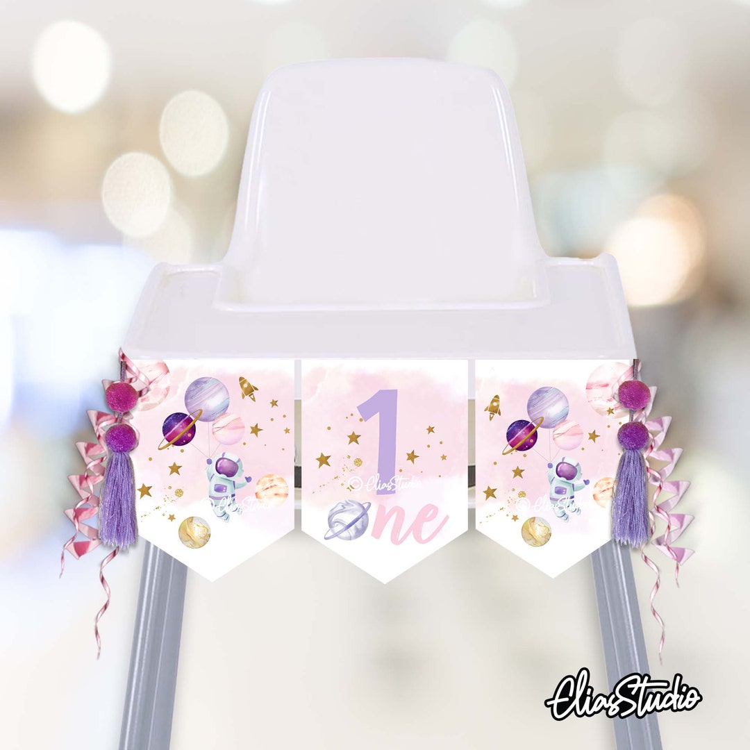 High Chair Banner 1st Birthday Girl, Pink Space Birthday Party Chair ...