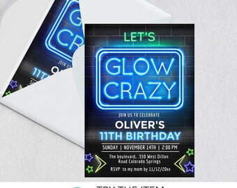 Neon Birthday Invitation Template Boy Birthday, Let's Glow Crazy Party, Neon Glow Birthday Sleepover Party Invite N25