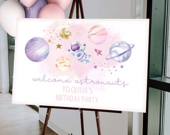 Editable Outer Space Birthday Welcome Sign Astronauts, First Trip Around the Sun, Birthday Girl Sign, Pink Gold Galaxy Birthday SP438