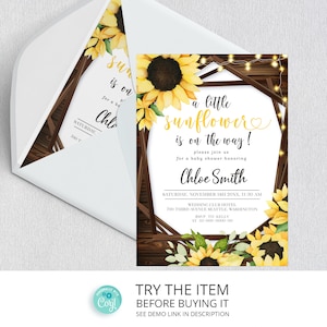 Bearbeitbare Sonnenblume-Babyparty-Einladung | Sunflower Baby Shower Einladung Vorlage | Sunflower Babyparty einladen SR43