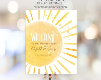 Sunshine Baby Shower Willkommensschild Vorlage, ein kleiner Sonnenstrahl bearbeitbares Willkommensschild, Boho Sunshine Baby Shower Decor Corjl S15