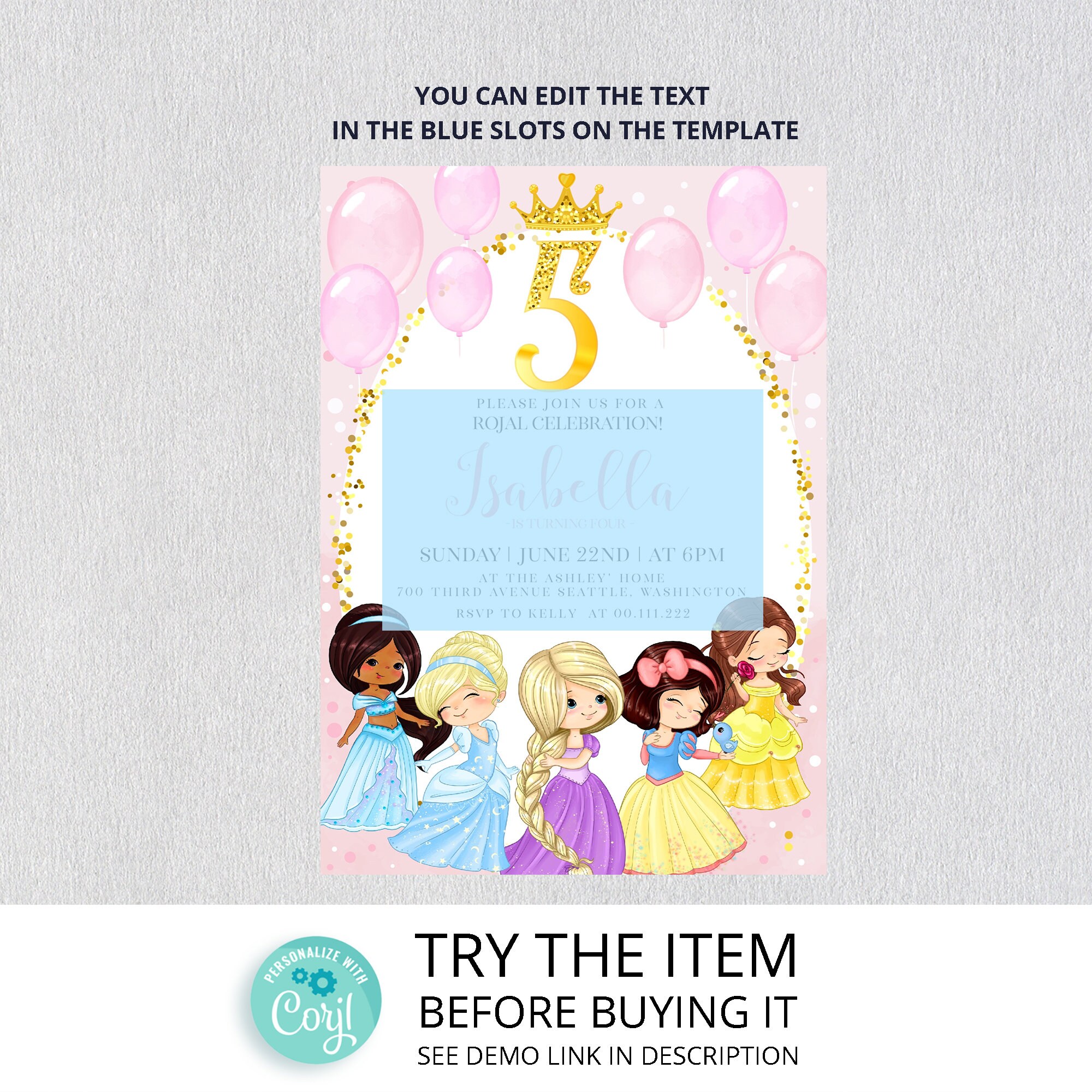 Editable Princess 5th Birthday Girl Invitation Template | Etsy