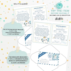 May include: Tooth fairy letter and receipt set. The letter measures 3.74 by 4.33 inches, and the envelope is 4.33 by 2.56 inches when folded. The set includes a letter, a receipt, and an envelope with a tooth fairy illustration and the text "Fairy Mail".