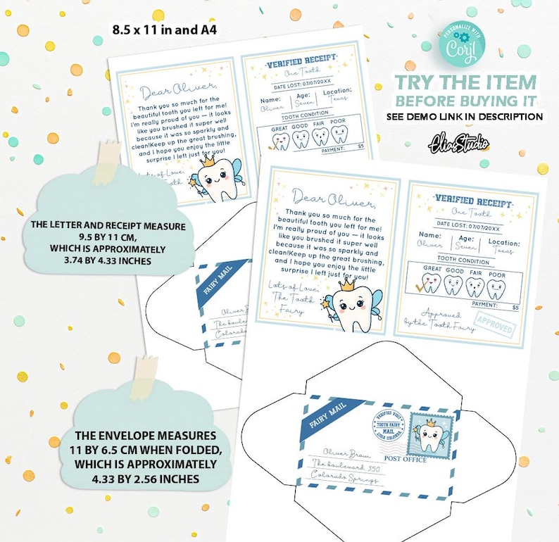 May include: Tooth fairy letter and receipt set. The letter measures 3.74 by 4.33 inches, and the envelope is 4.33 by 2.56 inches when folded. The set includes a letter, a receipt, and an envelope with a tooth fairy illustration and the text "Fairy Mail".