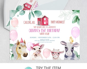 Editable Farm Birthday Invitation Girl, Barnyard Birthday Invitation, Girl Farm Invite /746