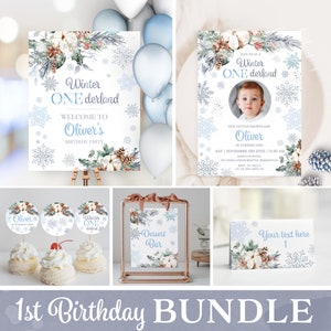 Winter Onederland Birthday Bundle Winter Birthday Boy Invitation Set Onederland Party Invitations Editable Birthday Templates Bundle W343