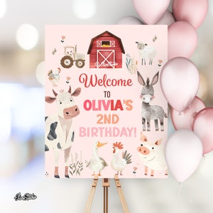 Décorations d&#39;anniversaire animaux de la ferme, modèle de plaque de bienvenue, Oink Baa Moo Im Two, 2e anniversaire de fille à thème, plaque de fête d&#39;anniversaire à la ferme FA23