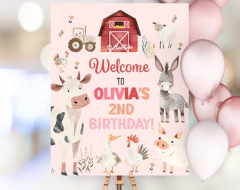 Farm Animals Birthday Decorations, Welcome Sign Template, Oink Baa Moo Im Two, 2nd Birthday Girl Theme, Farm Birthday Party Sign FA23