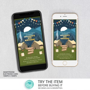 Camping Birthday Smartphone Invitation | Boy Birthday Summer Camp Birthday Sleepover Electronic Invite Outdoors Birthday Party /0282