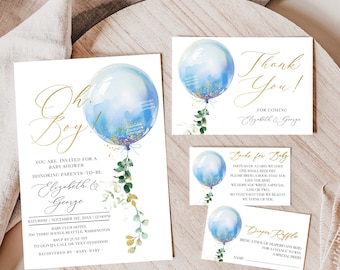 Puede incluir: Una invitación de baby shower azul y dorada con un globo de acuarela y vegetación. La invitación dice "Oh Boy!" e incluye los nombres Elizabeth & George. El texto también incluye la fecha, la hora y la ubicación de la ducha.
