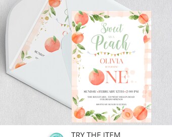 Bewerkbare perzik verjaardagsuitnodiging | Uitnodiging 1e verjaardag meisje Sweet as a Peach | Uitnodiging voor eerste verjaardagsfeestje perziken PH61
