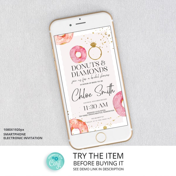 Donuts and Diamonds Bridal Shower Smartphone Electronic Invitation, Bridal Shower Template, Brunch Digital Electronic invite /027