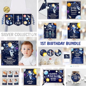 Editable Space Birthday Invitation First Trip Around The Sun Invite Bundle Silver Collection | Galaxy First Birthday SP1