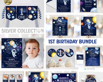 Può includere: Un pacchetto per feste di primo compleanno a tema spaziale. Il pacchetto include inviti, bomboniere, decorazioni e uno striscione. I colori sono blu, argento e oro. Le decorazioni presentano un astronauta, pianeti e stelle.