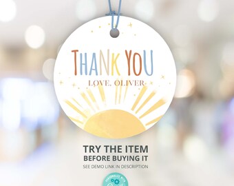 Bewerkbare tags Sunshine Birthday Party Favor Onze Little Sunshine-bedankkaartjes, afdrukbaar bedanklabel S29