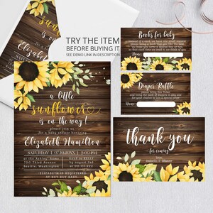 Editable Sunflower Baby Shower Invitation Template in size 5x7” and 4x6 ”  Books for Baby, Diaper Raffle Gender Neutral SR4