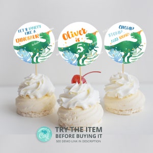 Editable T-Rex Dinosaur Birthday Cupcake Toppers (Digital Download)