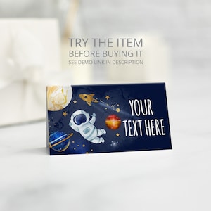 Etichette alimentari modificabili Compleanno nello spazio, Primo viaggio intorno al sole Segnaposto, Galassia Piegata Carta Spazio Decorazioni per feste di compleanno SP403