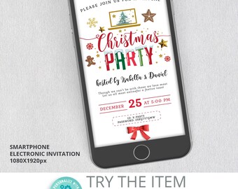 May include: A smartphone displays a virtual Christmas party invitation. The design features festive elements like a Christmas tree, stars, and snowflakes. The invitation includes the text "Christmas Party," the date, time, and a password. The phone is on a white background.