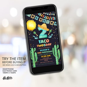 Taco Twosday Invitation, Fiesta Birthday Invitation, Phone Invite, Taco Birthday Party, Digital Invite, 2rd Birthday Invitation F229