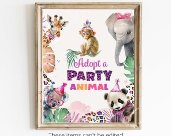 May include: A printable sign with a pink, purple, and black "Adopt a Party Animal" text. The sign features watercolor illustrations of a giraffe, monkey, elephant, koala, and panda wearing party hats and accessories.
