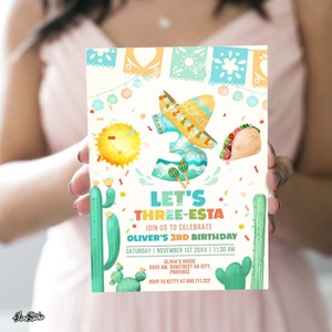 May include: A colorful invitation for a 3rd birthday party with a fiesta theme. The invitation features a large number 3 decorated with a sombrero, maracas, and a taco. The text on the invitation reads "Let's Three-Esta Join us to celebrate Oliver's 3rd Birthday Saturday | November 1st 20XX | 11:30 AM Olivia's House 3333 AM, Sunstreet 5A City, Province RSVP to Ketty at 000.111.222"