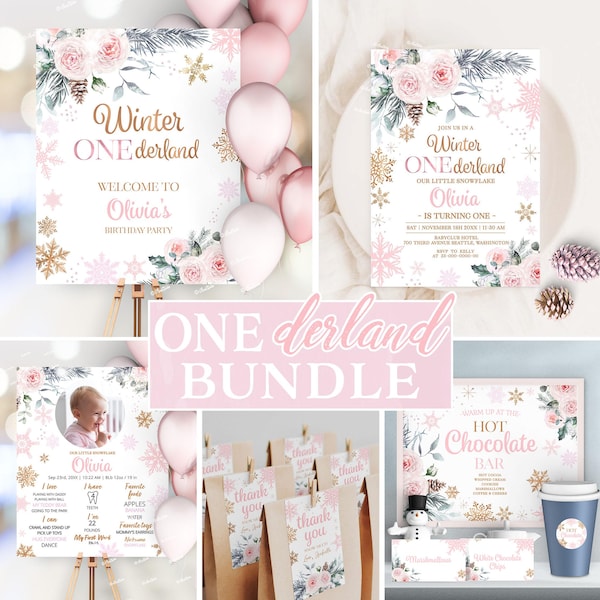 Winter Onederland Birthday Bundle Winter Birthday Girl Invitation Set Rose Gold Snowflake Christmas Birthday Party Bundle Editable W288