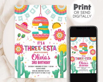 Three-Esta Birthday Invitation Template, Let's Fiesta 3rd Birthday Girl, Taco Birthday Invitation / F285