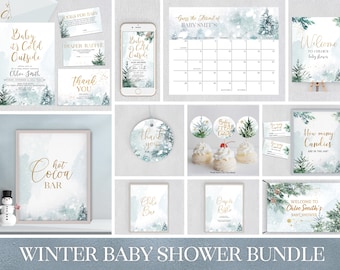 May include: Winter baby shower printable bundle with a blue and white watercolor background featuring pine trees and gold accents. The bundle includes invitations, thank you cards, a diaper raffle card, a hot cocoa bar sign, a welcome sign, and other printable decorations.