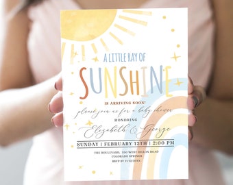 Boho Sun and Rainbow Baby Shower Invitation a Little Ray of Sunshine Baby Shower Invite Digital Template Instant Download RB9