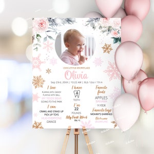 Letrero fotográfico de hito de Winter Onederland, tablero de hitos de primer cumpleaños de invierno con copos de nieve en oro rosa, letrero de hito de primer cumpleaños para niña W261
