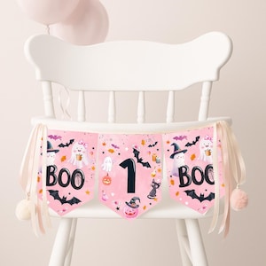 Banner de Halloween para primer cumpleaños con temática de silla alta, decoraciones de Halloween en tonos pastel, banderines y guirnaldas BOO17