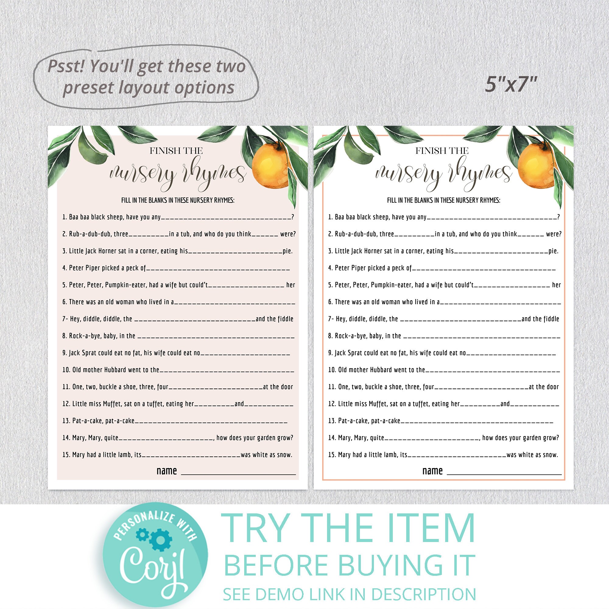 Nursery Rhyme Game Baby Shower Clementine Orange Baby Shower Etsy