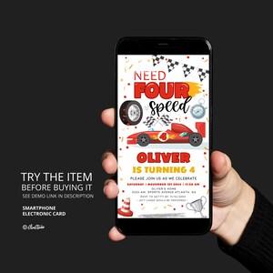 K&ouml;nnte beinhalten: Ein roter und wei&szlig;er Smartphone-Bildschirm zeigt eine Geburtstagseinladung f&uuml;r einen Jungen, der vier Jahre alt wird. Die Einladung zeigt ein Cartoon-Rennwagen mit dem Text "Need Four Speed" und "Oliver wird 4 Jahre alt".