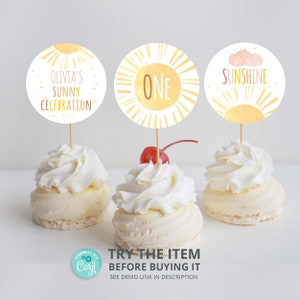 Editable Sunshine Birthday Cupcake Toppers | Trip Around the Sun Cupcake Toppers | Sunshine Birthday decoration  Digital Template S43