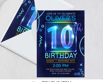 Neon Birthday Invitation Template Boy 10th Birthday Neon Glow Party Invite NP10
