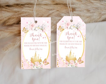 Editable Little Princess Birthday Party Favor Tags, Pink Gold Castle Thank You Tags, Royal Princess Birthday Printable Thank You Label PR43