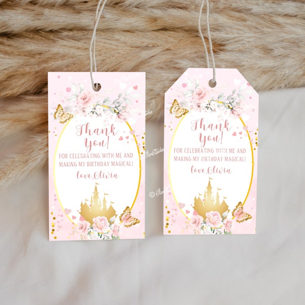 Editable Little Princess Birthday Party Favor Tags, Pink Gold Castle Thank You Tags, Royal Princess Birthday Printable Thank You Label PR43
