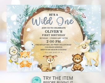 Editable Wild One Boy Birthday Invitation Template Woodland Animals | He's a Wild One Winter Birthday First Birthday Invite WO18