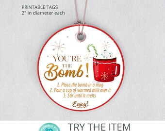 Winter Editable Hot Chocolate Bomb Tags | Christmas Chocolate Bombs Instructions Tag | Printable Christmas Winter Bomb Tag W156