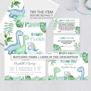 May include: A baby shower invitation with a green and blue dinosaur theme. The invitation features a green and blue dinosaur with the text "RAWR! It's a boy!" and the text "To Honor Elizabeth & George". The invitation also includes the date, time, and location of the baby shower.